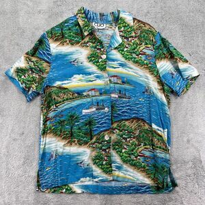 Clio Hawaiian Shirt Womens M Petites Blue Green Tropical Print Rayon Button Up